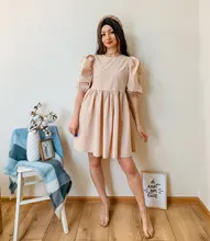 Mini Dress Lantern Short-Sleeve OOTN A-Line Pink Elegant Green Cotton Casual Women Ladies