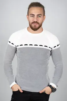 

DeepSEA Ecru-Gray O-Neck Fishnet Knitwear-Sweater 2002402