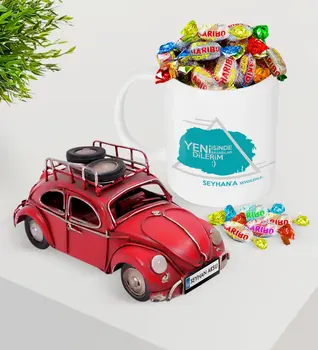 

Personalized New She Devotes The Success In Platter Nostalgic Red Metal Beetle and Mug Haribo Candy Seti-1