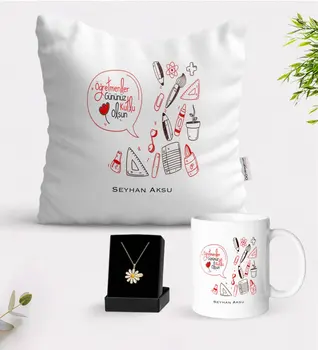 

Personalized Teachers Present-Day Happy White Mug Cushion and Is Daisy Necklace Gift Seti-2
