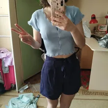 T-Shirt Women Tops Button-Crop-Top Short-Sleeve O-Neck Basic Blue Ruffles Casual Summer