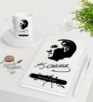 

Personalized Ataturk Themed White Notebook Pen Turkish coffee Cup Set-4