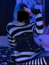Suéter de punto gótico para Mujer, jerséis largos a rayas, sueltos, rasgados, de talla grande, para Halloween, 200