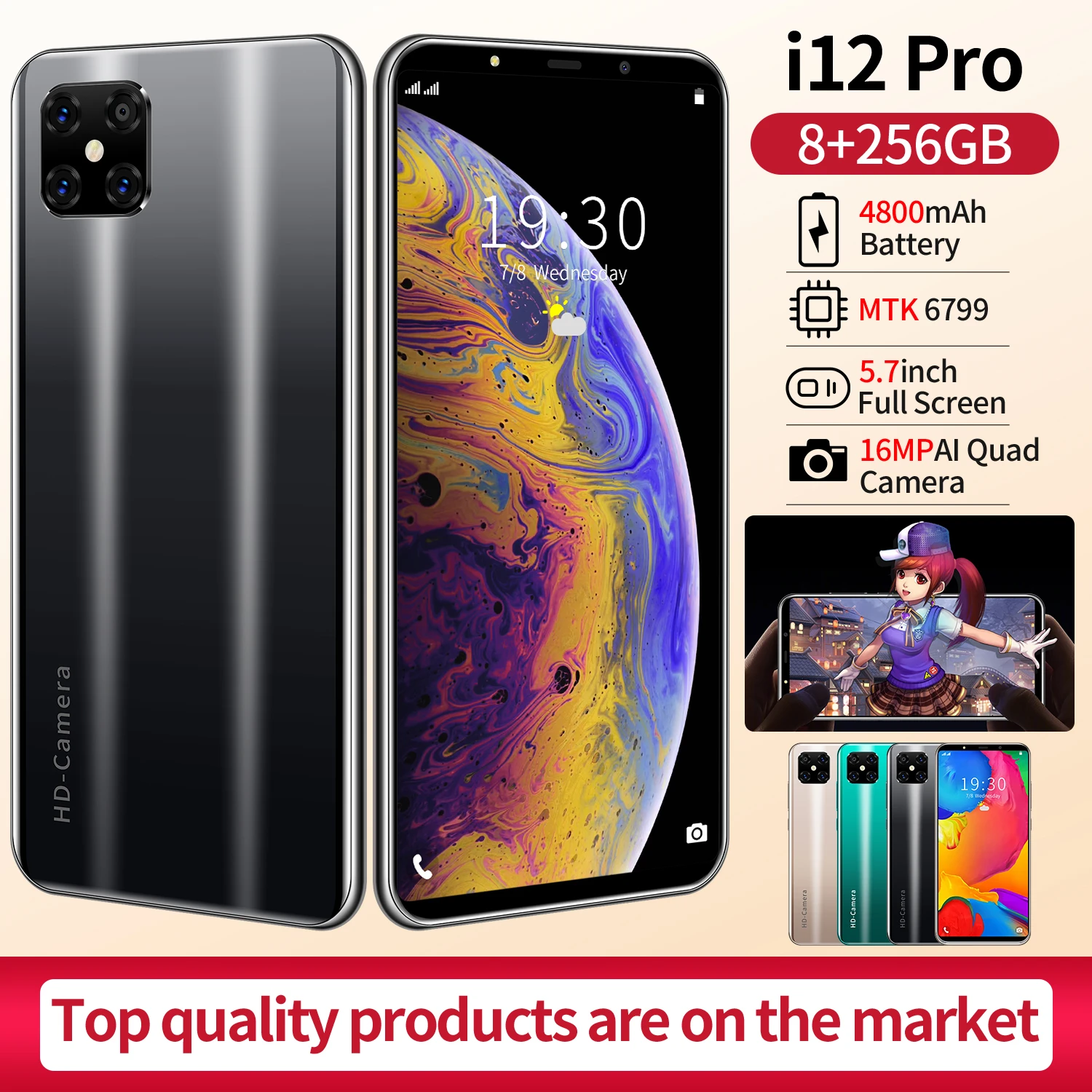 Newest i12 Pro Mobile Phone 5.7'' HD Four Camera