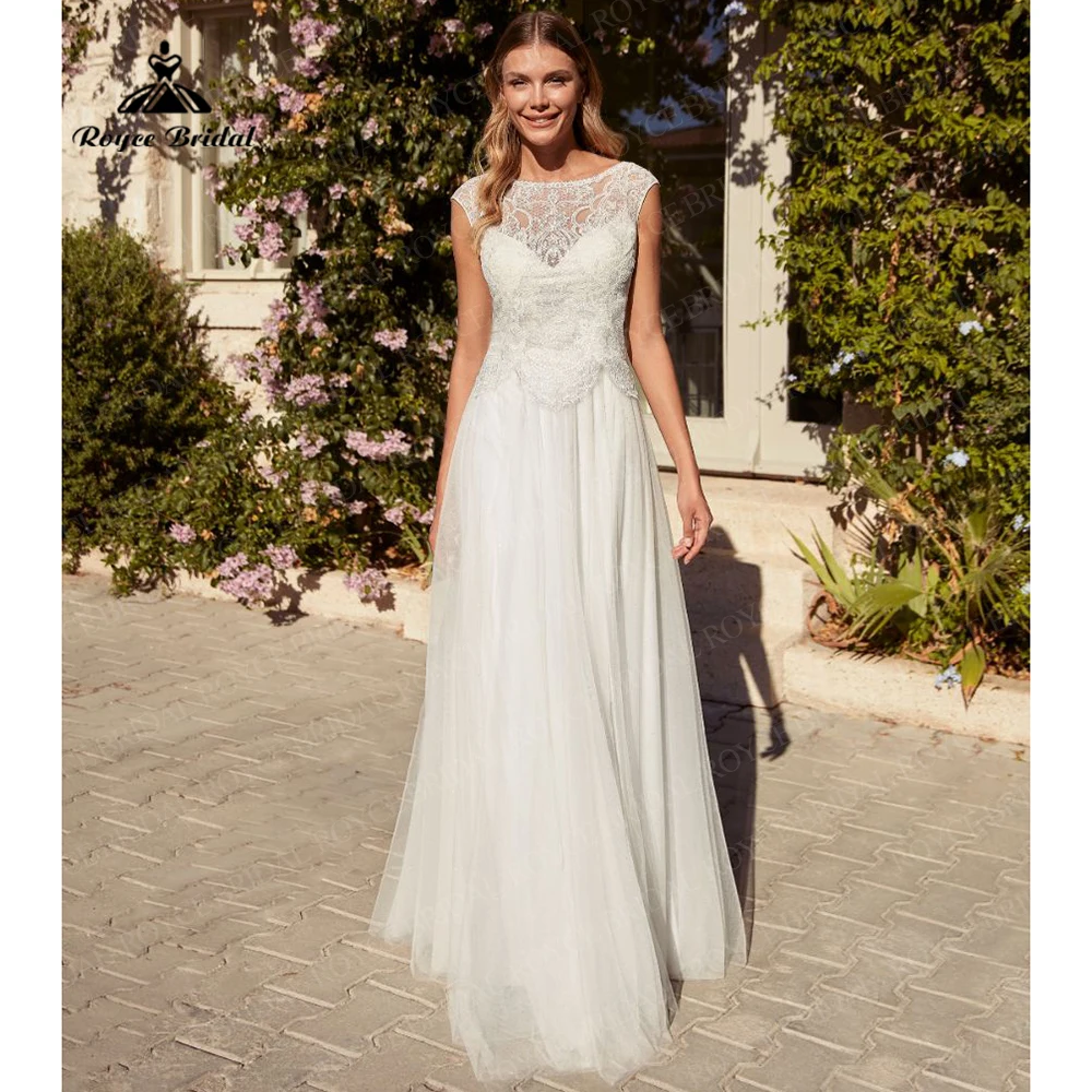 Beach Lace Wedding Dresses 2022 with Short Cap Sleeves Bohemian Tulle A-Line Bridal Dresses Sweep Train robe de soiree de maria ball gown wedding dress