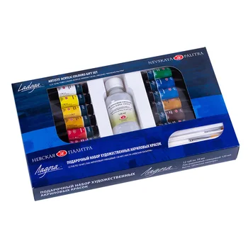 

Gift Set of acrylic paints Ladoga, 12 colors of 18 ml, glossy lacquer, 2 synthetic brushes