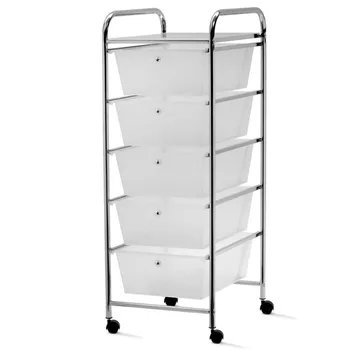 

Drawer cart metal frame and wheels, with 5 drawers opaque plastic white, metal pullers ball-and ledge