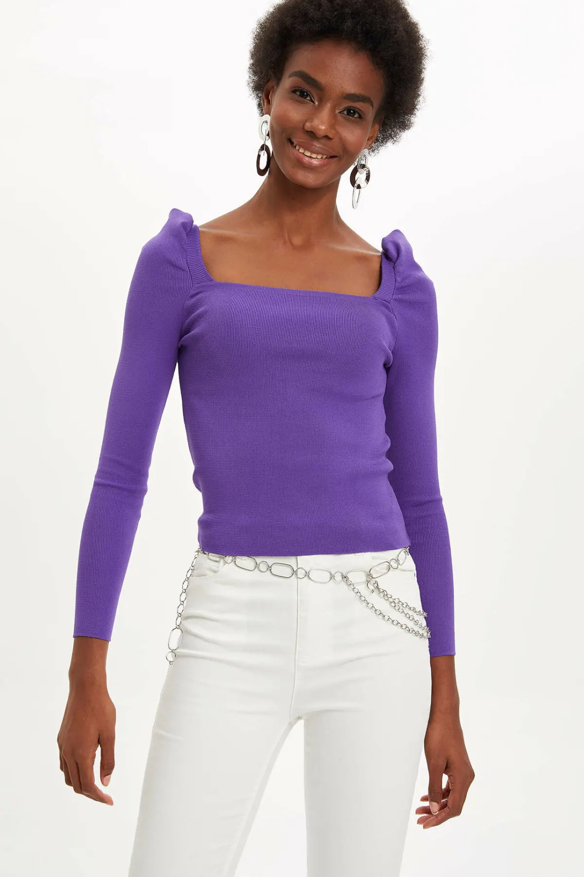

DeFacto Chic Design Women Purple Color Knitted Top Tees Women Fit Body Square Collar Puff Sleeve Woman Pullover-L8849AZ19WN