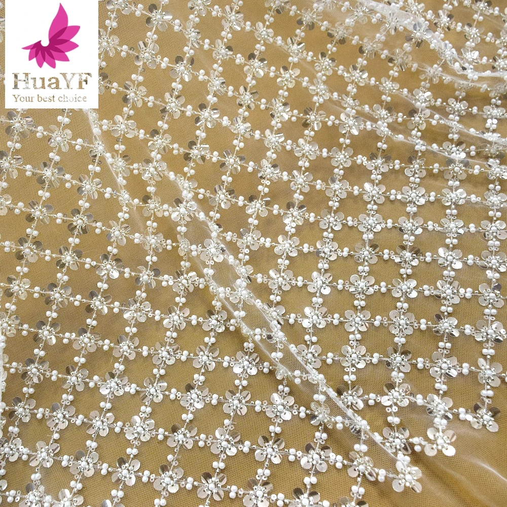 

1 Yard Hot Selling White Beaded Tulle Lace With 3D Flower Net Sequins And Pearls Fabrics For Wedding Dress HY1587