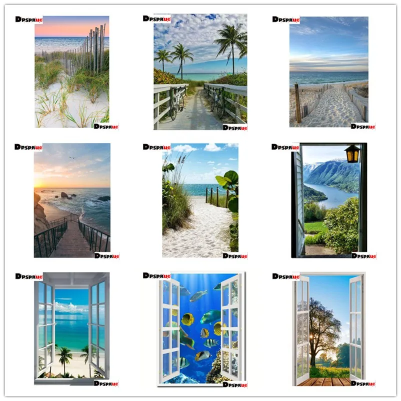 

Dpsprue Full Square/Round 5D Diy Diamond Painting Cross Stitch "Window Sea Scenery" Diamond 3D Embroidery Mosaic Home Decor Gift