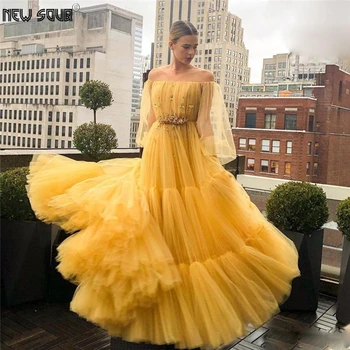 

Yellow Beaded Prom Dresses 2020 Off The Shoulder Pleated Evening Gowns Plus Size Kaftans Islamic Tulle Formal Dress Long Sleeves