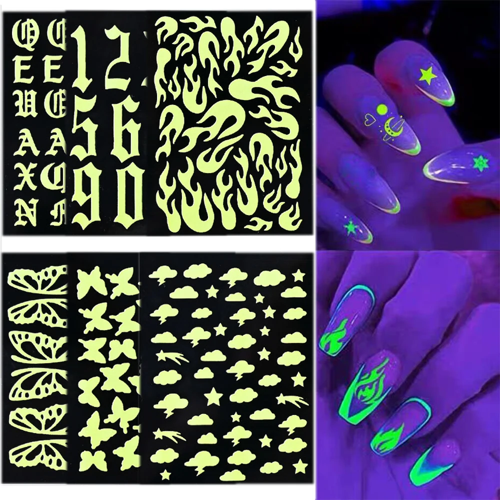

1Set 3D Luminous Nail Stickers Flame/Butterfly/Numerals/Star Glitter Design Glow in The Dark Slider DIY Manicure DecorationsNL56
