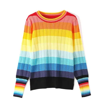 

NiceMix New Multicolor Autumn Winter Women Sweater O-Neck Knitted Jumper Top Loose Casual Warm Femme Sweater rainbow sweaters
