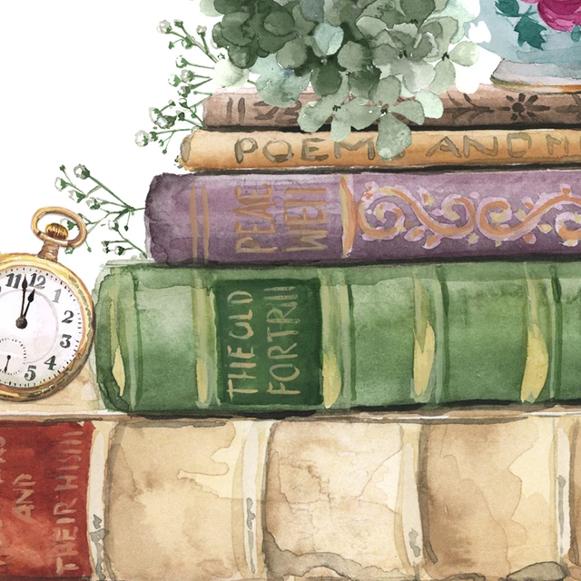 Watercolor Stack of Vintage Books and Tea Cup, Book Art, Books and