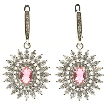 

39x21mm Gorgeous Created Pink Tourmaline White CZ Gift For Woman's Silver Earrings