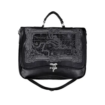 

Tiberio Dark Side RESTYLE Pirate Map Embroidered Steampunk Satchel Messenger Bag in Black Synthetic Leather Gothic Punk Rock