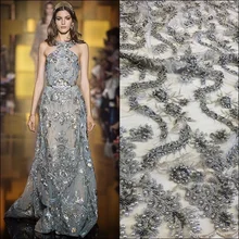 Вышивка металлизированной шелковой нитью, жемчугом и бисером Серая сетка блестящая красивая свадебная ткань кружево жемчуг бисер блестки люрекс шелковая нить, текстиль тюль сетка блеск MA