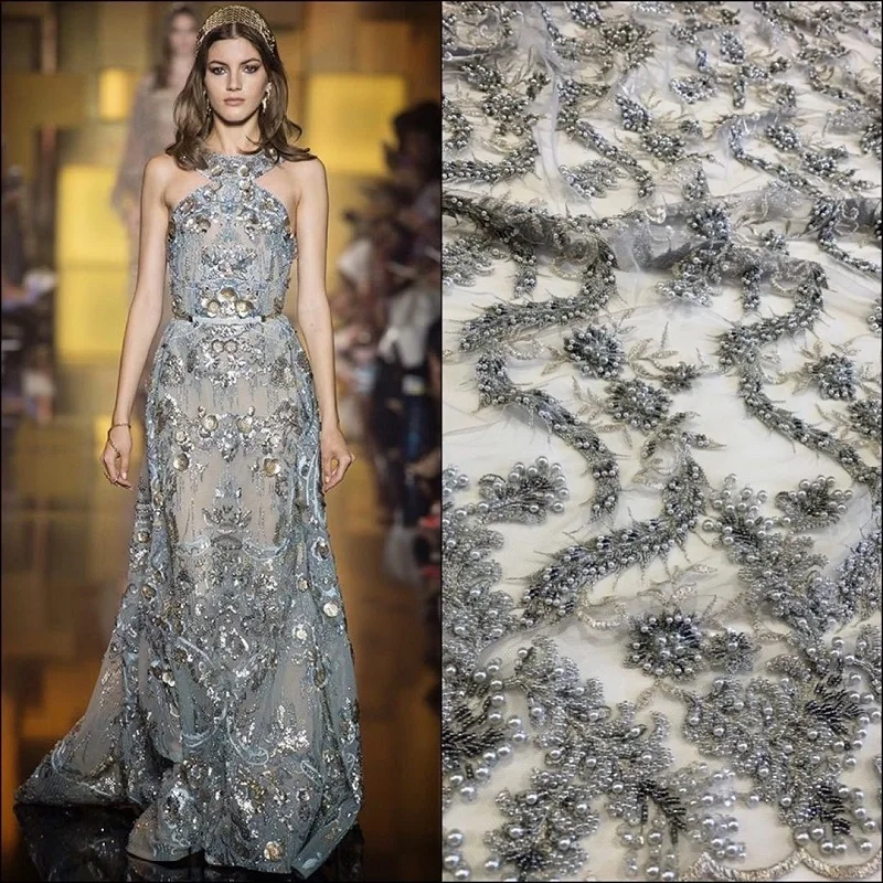 

Grey embroidery Mesh Glitter beautiful wedding fabric lace pearls beads sequins lurex silk thread ,textile Tulle Net shine MA