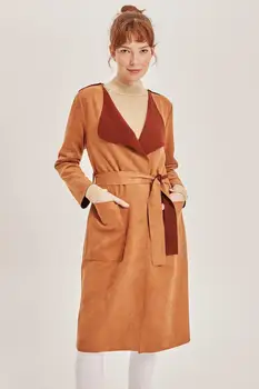 

BEYON WOMEN TAN BELT DETAILED SHAWL COLLAR TRENCH COAT CHIC FASHION BALL RAINCOAT MIDI MIDI SIZE