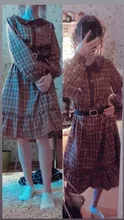 Plaid Dress Peter-Pan-Collar Long-Sleeve Autumn-Style Mori-Girl Cute Kawaii Fashion Lady