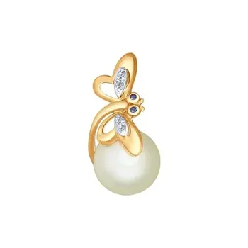 

Sokolov Dragonfly gold pendant with pearls and blue cubic zirconia, fashion jewelry, 585, women's male, pendants for neck women