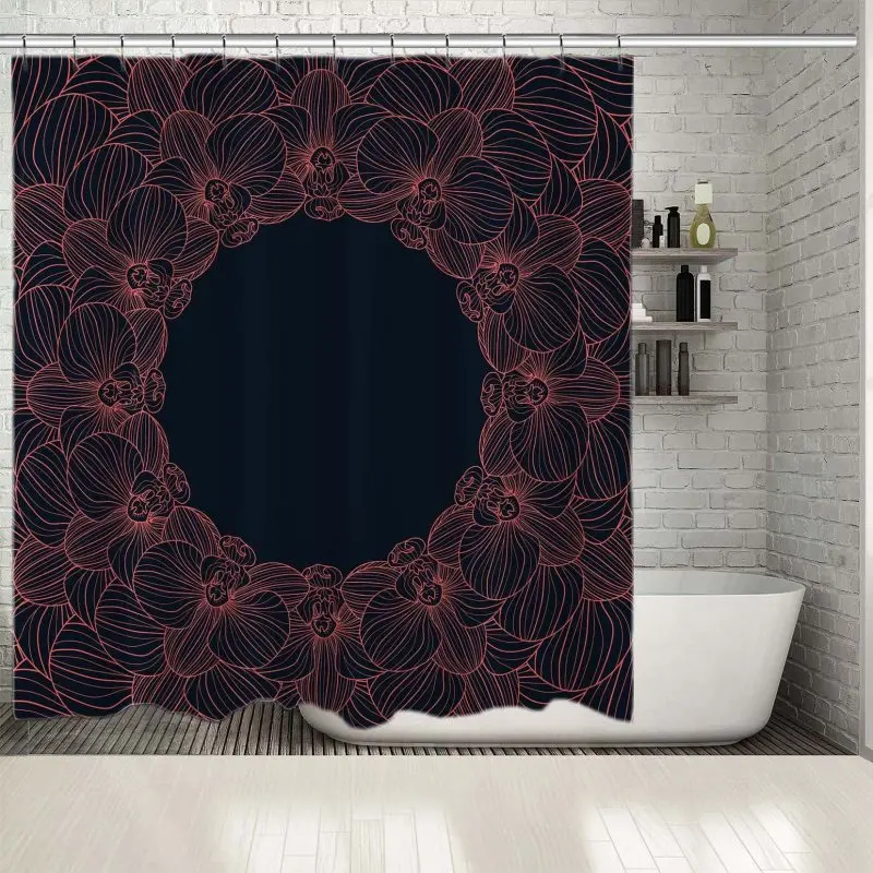 Orchids Round Frame Exotic Bloom on Dark Background Floral Doodle Style Artwork Blue Pink Shower Curtain