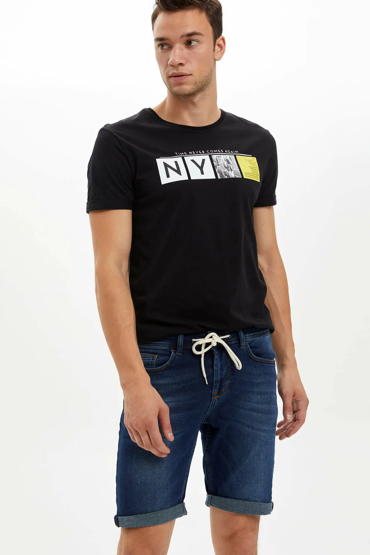 Дефакто мужские синие короткие джинсовые штаны с эластичным поясом на шнуровке, облегающие шорты, модные повседневные стильные мужские короткие джинсы L0177AZ19HS