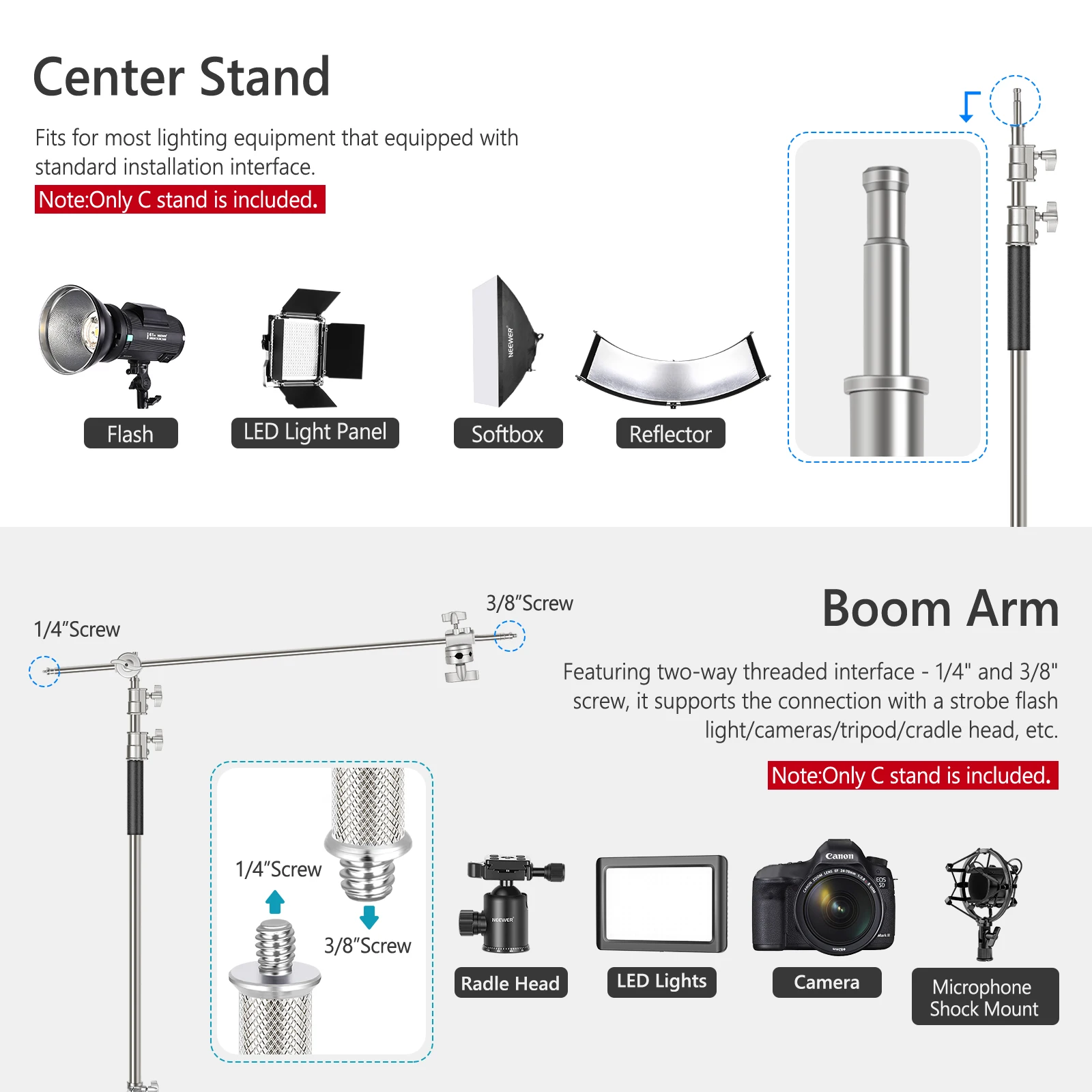 US $106.78 Neewer Pro 100 Metal C Stand Light Stand with Wheels Max Height 108ft330cm Adjustable Reflector Stand with 4ft120cm Boom