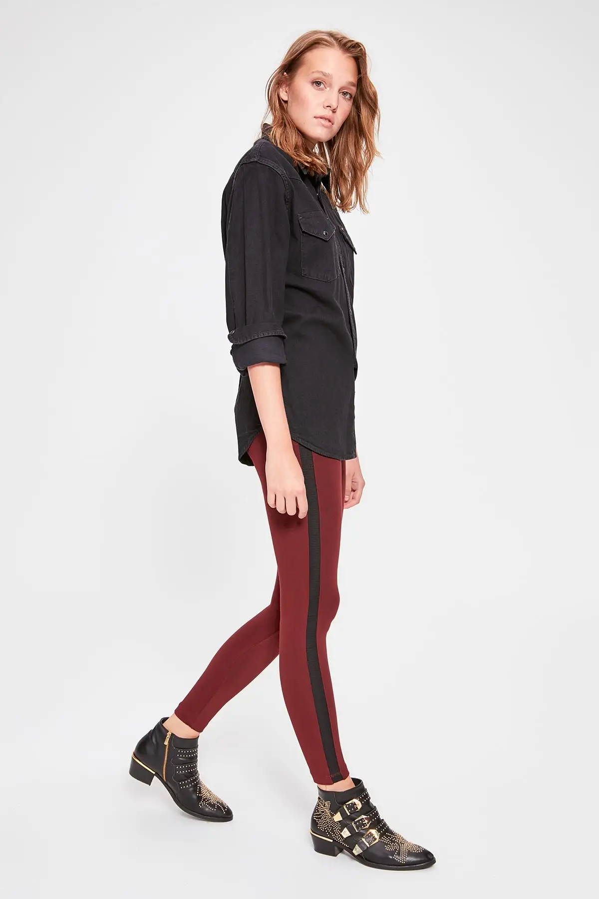 Trendyol Бордовые Полосатые трикотажные леггинсы TWOAW20TA0046
