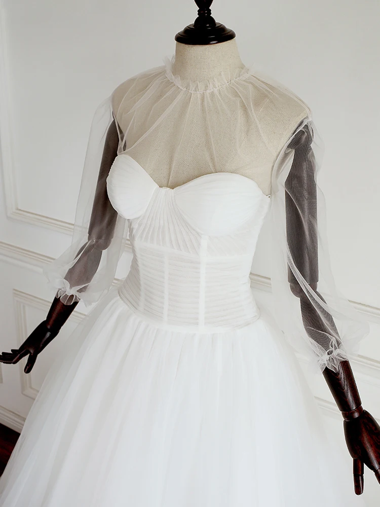 Boho Tulle A-Line Wedding Dress Swanskirt A219 Romantic Puff Sleeve Illusion Lace up Rosette Princes Bride Gown Vestido de Noiva