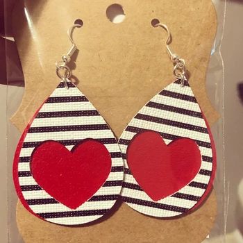 

New!! Black White Stripe Red Heart Faux Leather Earrings Hollow CHD Heart Warrior Double Layer Love Heart Valentine's Earrings