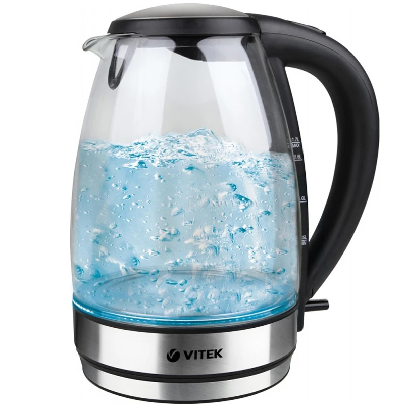 Чайник электрический Vitek VT-7046(BK) (Мощность 2200 Вт, объем 1.7 л, стеклянный корпус, вращение 360°, автоотключение)
