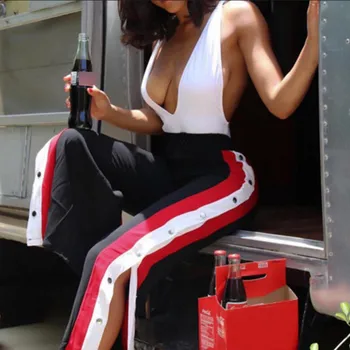 

Women Cut off Split Side Long Pants Buttons Wide Leg Jogger Casual Fashion Trousers 2019 Summer