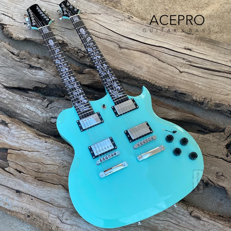 

Электрическая гитара Acepro небесно-голубого цвета с двойной шеей, корпус из липы, резная верхняя часть, инкрустация стебля под заказ, хромированная фурнитура, высокое качество