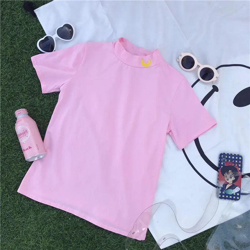 Pink Фиолетовая футболка, хлопчатобумажная футболка, футболка хлопок, ulzzang harajuku, футболка с рисунком, милая футболка с коротким рукавом, футболка с вышивкой луна, свободная футболка, футболка с принтом, оверсайз - Цвет: Pink