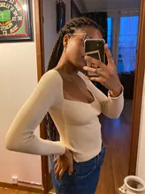 TRAF-suéter de punto elástico ajustado para mujer, ropa de calle Vintage con cuello en forma de corazón, manga larga, 2021