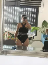 Bikini de una pieza con rayas negras para mujer, bañador Sexy, Monokini de realce, triangular, para playa