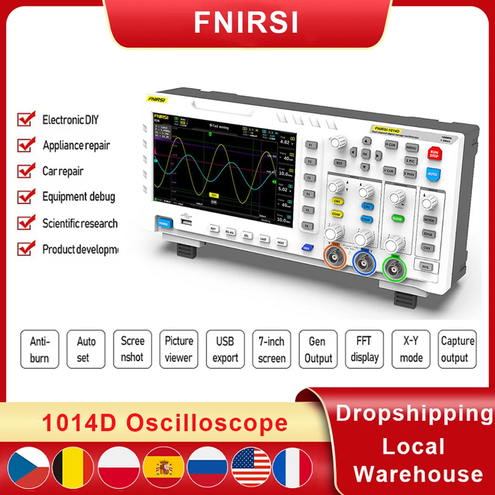 Цифровой многофункциональный осциллограф FNIRSI 1014D с ЖК-дисплеем ЕС/США 110 МГц