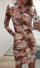 OrangeA-vestido entallado de manga larga para mujer, vestido de fiesta con estampado estético fruncido, elástico, informal, moda, trajes ajustados de cuello alto