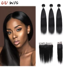 

UU WIG 13A Straight Bundles With Closure Human Hair Bundles With Frontal Brazilian Weaving Bone Straight Human Hair Bundles Remy