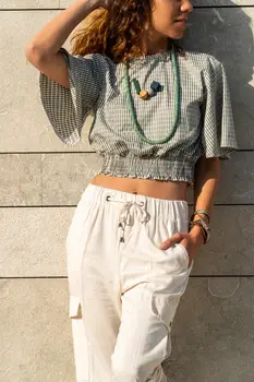 

Güneşkızı Women Beli Wheel Handles Flounces Crop Top Blouse GK-BST2203
