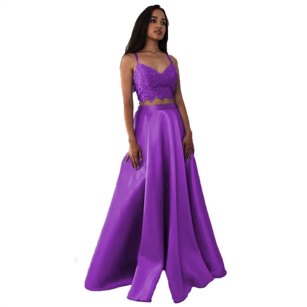 Фиолетовый HONGFUYU 2 шт атласные вечерние платья Длинные elegantes de gala линии Кружева особых случаев платья официальные платья для вечерней вечеринки - Цвет: Фиолетовый