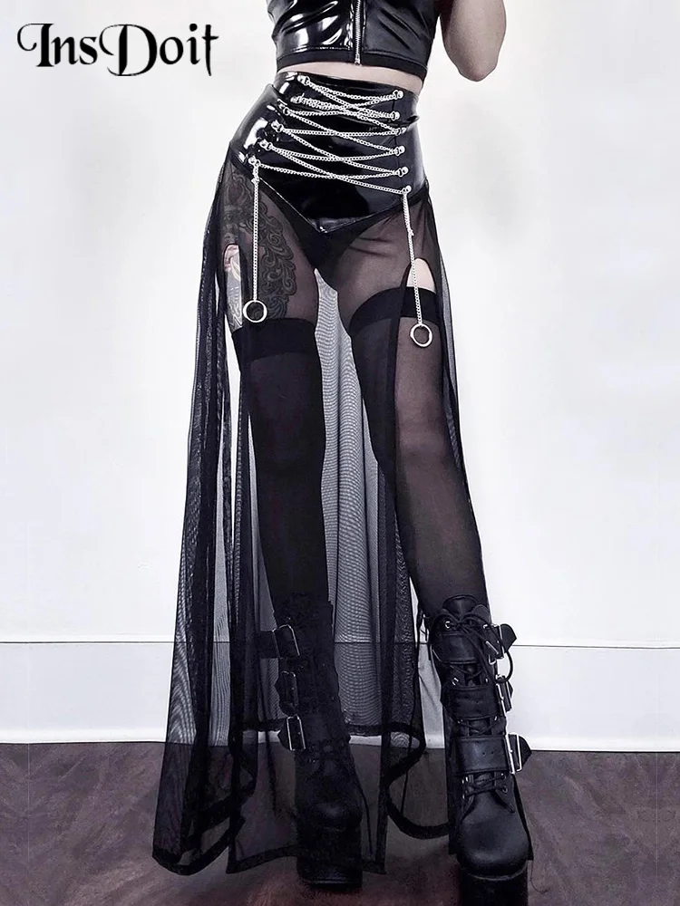 see through mesh blouse female diablo gothic style half high neck flared sleeves bilateral webbing slim shoulders InsDoit Punk Chain PU Black Female Skirt Women Gothic Split Mesh Patchwork Sexy Summer Y2K Skirt Streetwear Elegant Long Skirts