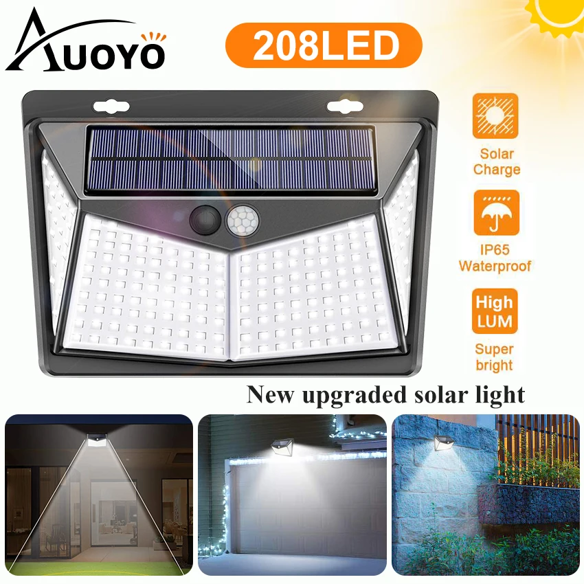 

Auoyo 208LED Solar Lights Outdoor Lighting Wireless Sensor Solar Lights Outdoor 270Â° Wide Angle Lamp IP65 Waterproof for Yard