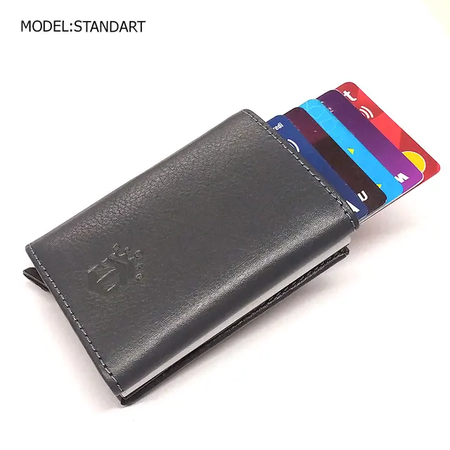 Smart Wallet Business Card Holder Real Cow Leather Handmade Smart Automatic Card Holder Men Gift Standart Grey -1