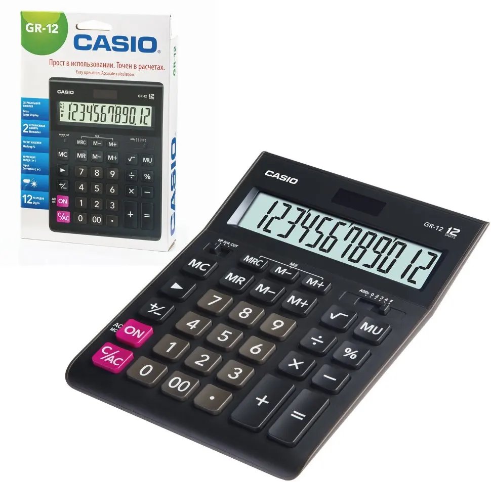 Калькулятор настольный CASIO GR-12-W (209х155 мм) 12 разрядов двойное питание европодвес