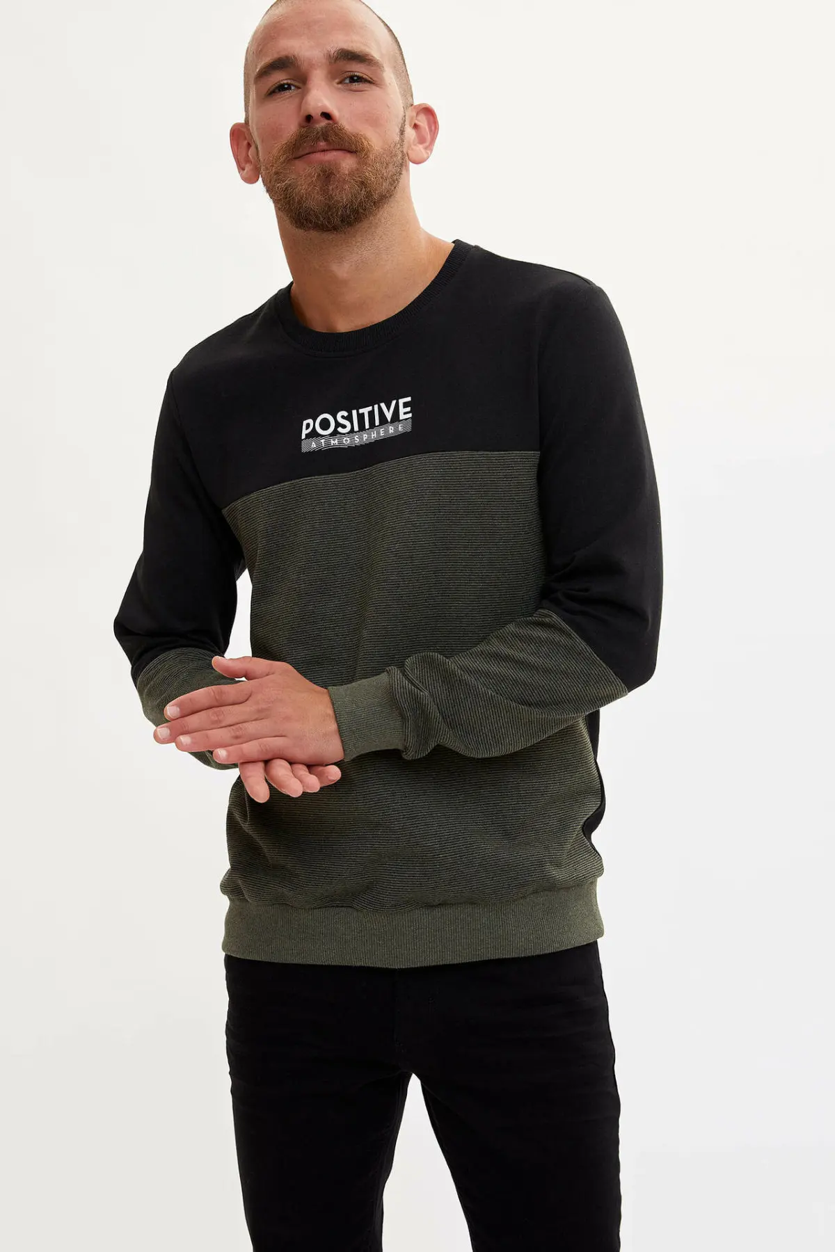 

DeFacto Men Crewneck Patchwork Pullovers Casual Letter Pattern Loose Long Sleeves Sportwear Men Tops Autumn New - M0561AZ19AU