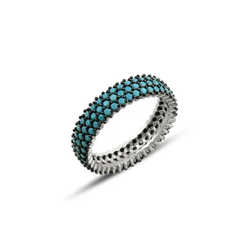 

Silver 925 Sterling Rhodium Plated Pen 3 Row Turquoise Zircon Cubic Zirconia Tamtur Ring