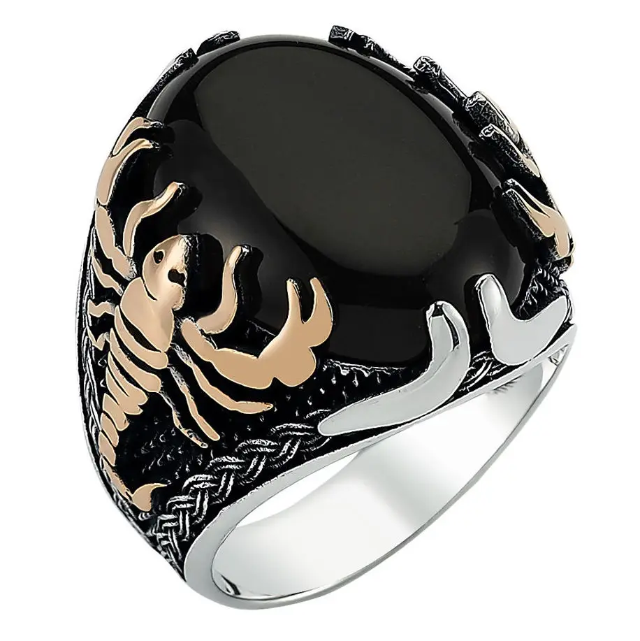 Real Pure Sterling Silver Ring 925 For Men Scorpion Natural Red Black Agate Stone Men's Gemstone Handmade Turkish Jewelry