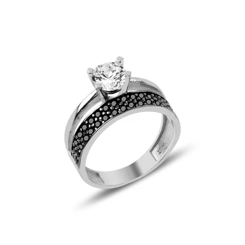 

Silver 925 Sterling Zircon Cubic Zirconia Two Row Half Round Engagement Ring